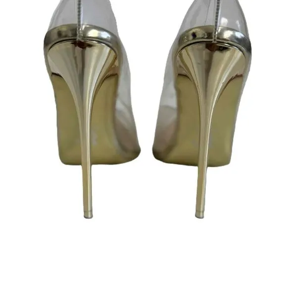 Jessica Rich Gold Clear PVC Upper Gold Stiletto Heel Pointed Toe Shoes 37