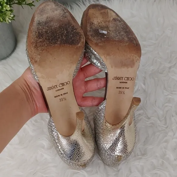 JIMMY Choo Silver Glitter Peep Toe Shoes