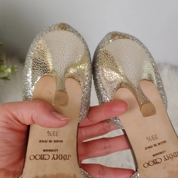 JIMMY Choo Silver Glitter Peep Toe Shoes