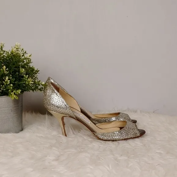JIMMY Choo Silver Glitter Peep Toe Shoes