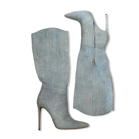 JLO Jennifer Lopez x REVOLVE Rokwood Boots Light Blue denim high heels shoes 8.5