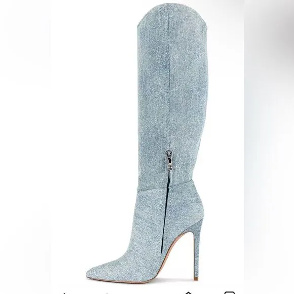 JLO Jennifer Lopez x REVOLVE Rokwood Boots Light Blue denim high heels shoes 8.5