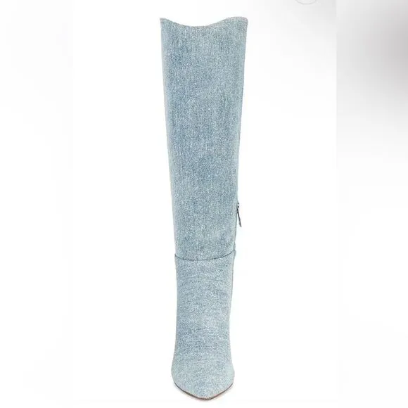 JLO Jennifer Lopez x REVOLVE Rokwood Boots Light Blue denim high heels shoes 8.5