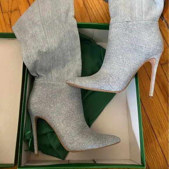 JLO Jennifer Lopez x REVOLVE Rokwood Boots Light Blue denim high heels shoes 8.5