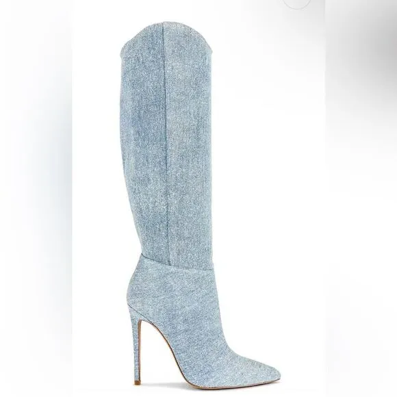 JLO Jennifer Lopez x REVOLVE Rokwood Boots Light Blue denim high heels shoes 8.5