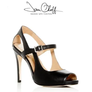 Joan Oloff Gigi black leather cut out sides peep toe Mary Jane heels dress pump