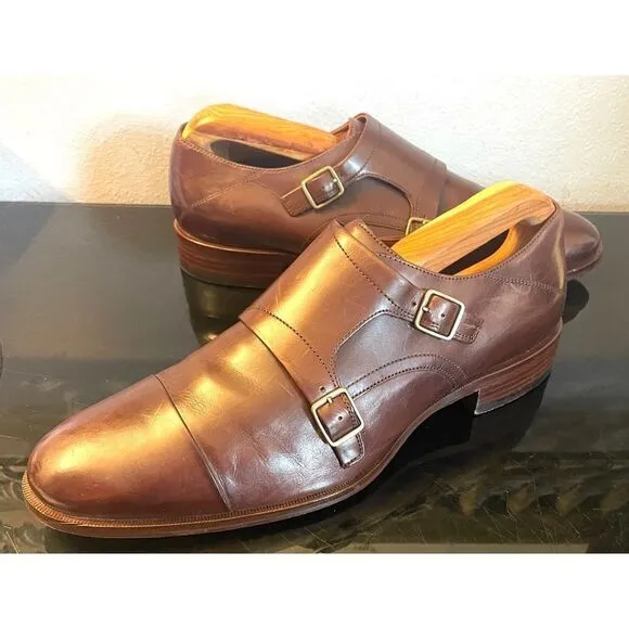 Johnston &amp; Murphy Nolen Double Monk Cap Toe Brown Leather Men’s Loafers Shoes 9M