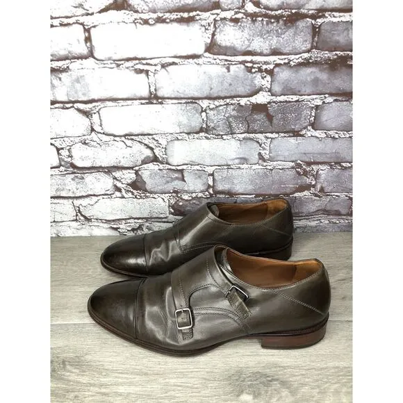 Johnston &amp; Murphy Sheepskin Brown Leather Double Monk Strap Cap Toe Shoes 10.5M