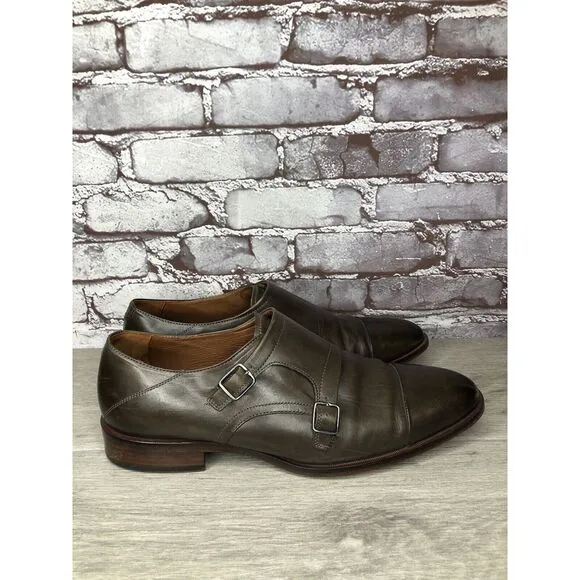 Johnston &amp; Murphy Sheepskin Brown Leather Double Monk Strap Cap Toe Shoes 10.5M