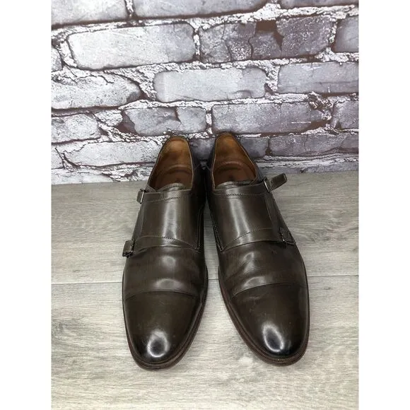 Johnston &amp; Murphy Sheepskin Brown Leather Double Monk Strap Cap Toe Shoes 10.5M