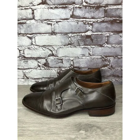 Johnston &amp; Murphy Sheepskin Brown Leather Double Monk Strap Cap Toe Shoes 10.5M