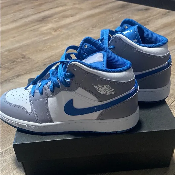 Jordan Mid Gray and Blue High-Top Sneakers