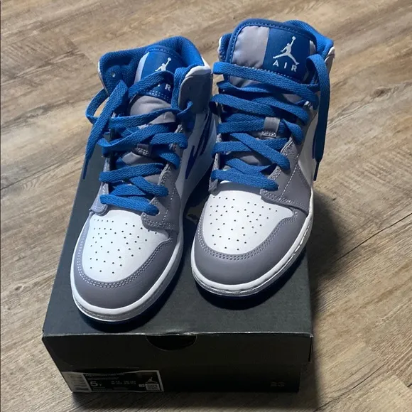 Jordan Mid Gray and Blue High-Top Sneakers