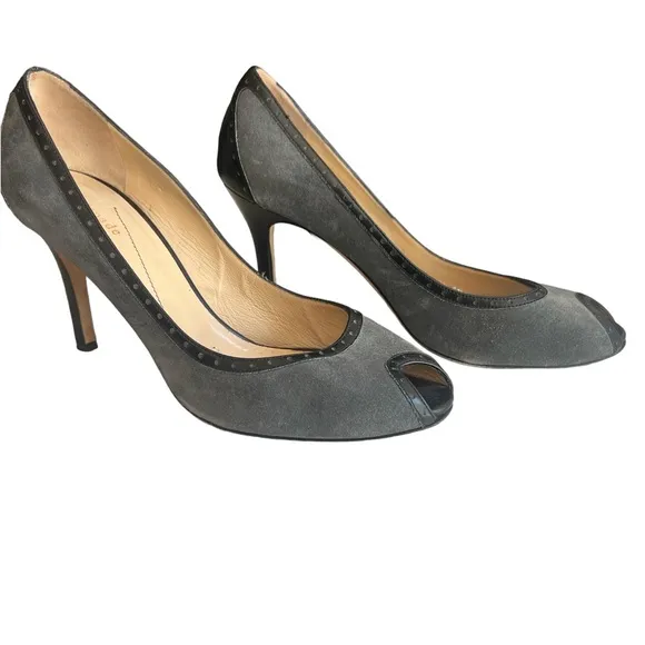 Kate Spade Gray Suede Black Trim Peep toe Oxford Pumps Heels Size 9.5