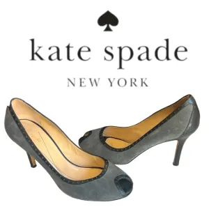 Kate Spade Gray Suede Black Trim Peep toe Oxford Pumps Heels Size 9.5