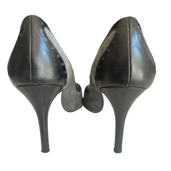 Kate Spade Gray Suede Black Trim Peep toe Oxford Pumps Heels Size 9.5