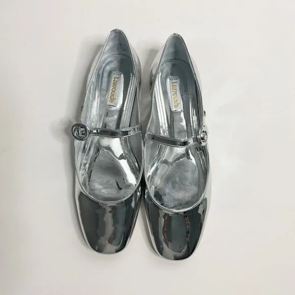 Larroude silver metallic mirror square toe mary jane flat shoes size 9 NEW
