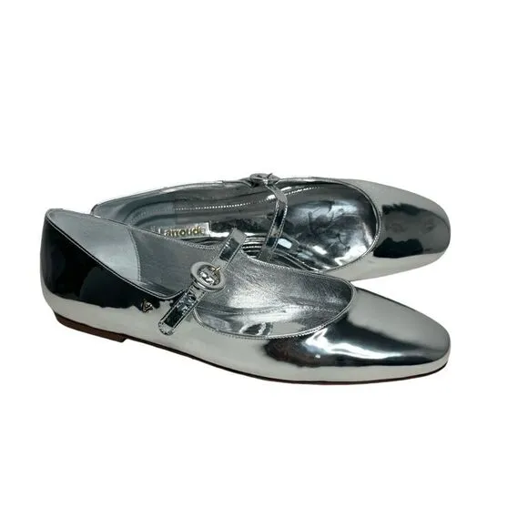 Larroude silver metallic mirror square toe mary jane flat shoes size 9 NEW