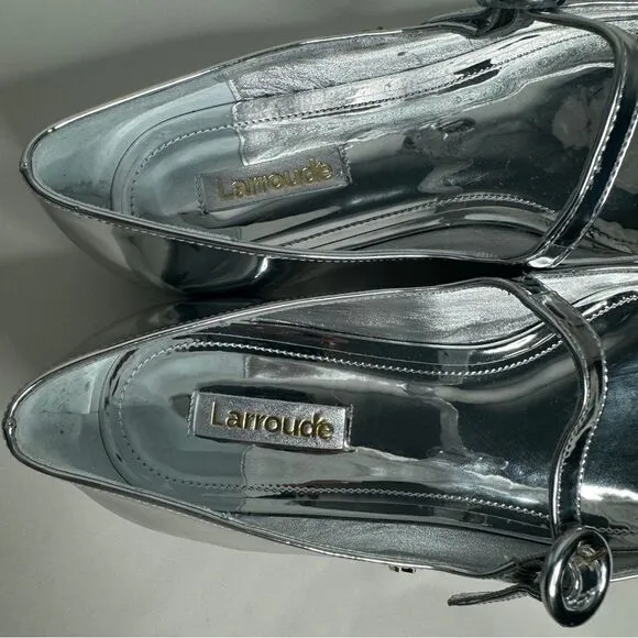 Larroude silver metallic mirror square toe mary jane flat shoes size 9 NEW