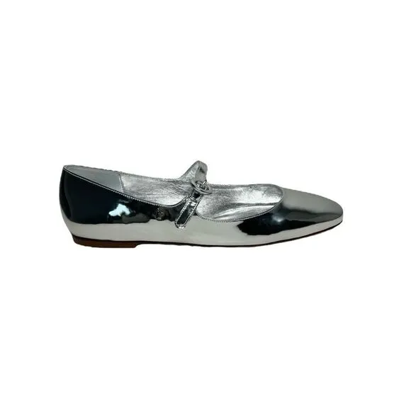 Larroude silver metallic mirror square toe mary jane flat shoes size 9 NEW