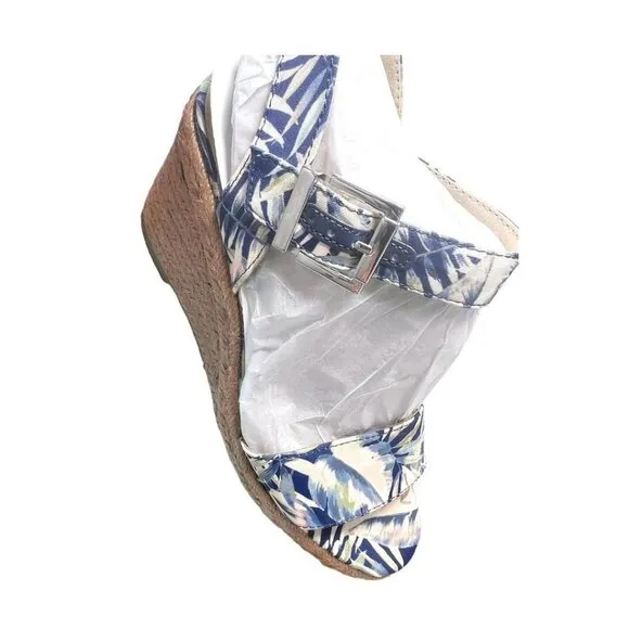 Lifestride Womens Blue Tan Floral Comfort Ankle Strap Wedge Sandals Sz 8.5 NIB