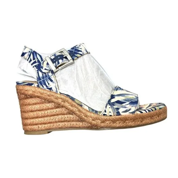 Lifestride Womens Blue Tan Floral Comfort Ankle Strap Wedge Sandals Sz 8.5 NIB