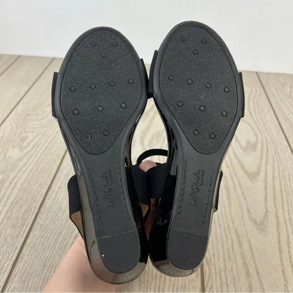 Lifestride Yolo Wedge Strappy Sandals 8.5M Black Fabric $70