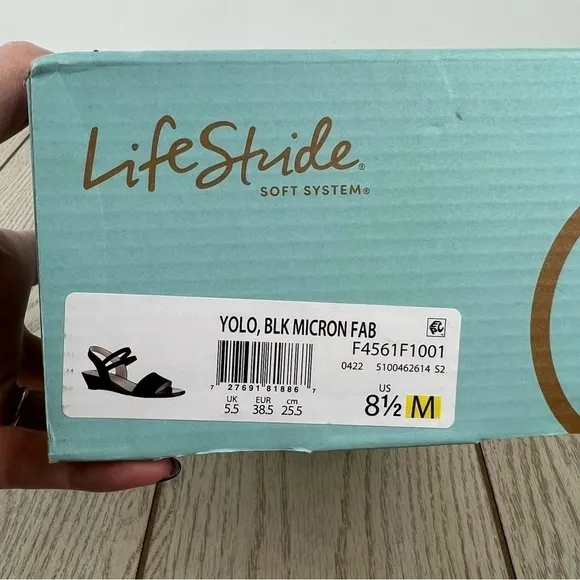 Lifestride Yolo Wedge Strappy Sandals 8.5M Black Fabric $70