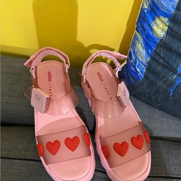 🩷Melissa X Lazy OAF heart Platform Sandals jelly barbie Pink rare to find