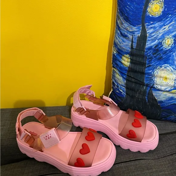 🩷Melissa X Lazy OAF heart Platform Sandals jelly barbie Pink rare to find