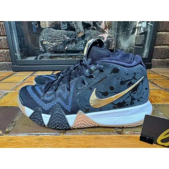 Mens 8 Nike Kyrie 4 Pitch Blue Metallic Gold Basketball Sneakers 943806-403