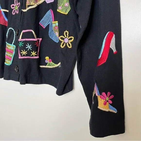 Michael Simon Lite Cotton Cardigan Embroidered Bag Shoe Shopping Theme Top Small