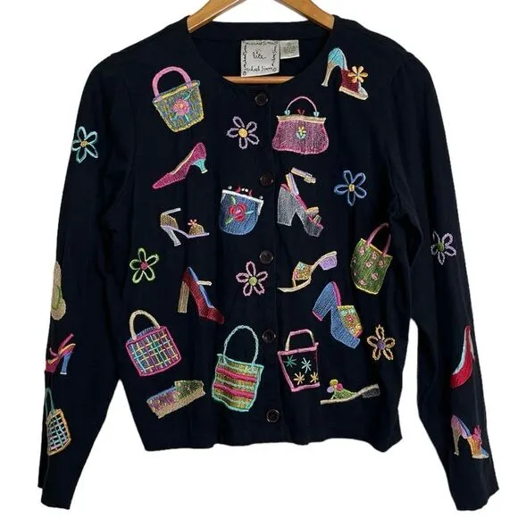 Michael Simon Lite Cotton Cardigan Embroidered Bag Shoe Shopping Theme Top Small