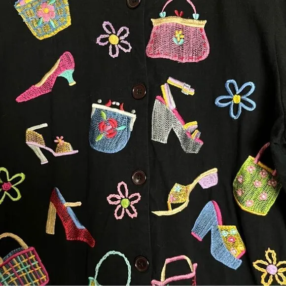 Michael Simon Lite Cotton Cardigan Embroidered Bag Shoe Shopping Theme Top Small