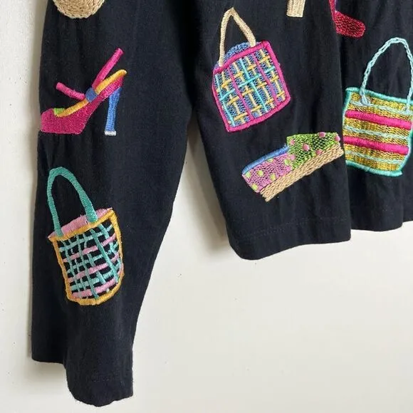 Michael Simon Lite Cotton Cardigan Embroidered Bag Shoe Shopping Theme Top Small