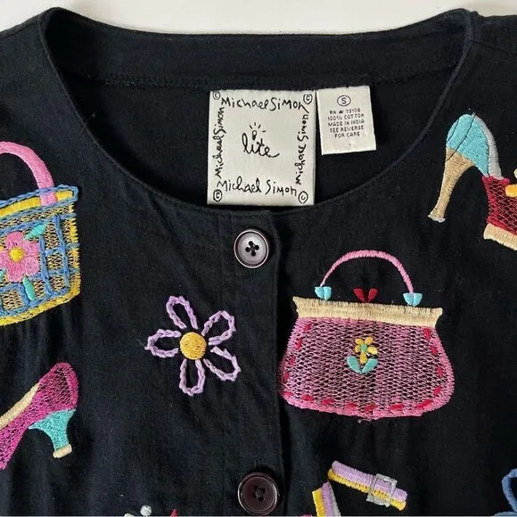 Michael Simon Lite Cotton Cardigan Embroidered Bag Shoe Shopping Theme Top Small