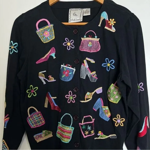 Michael Simon Lite Cotton Cardigan Embroidered Bag Shoe Shopping Theme Top Small