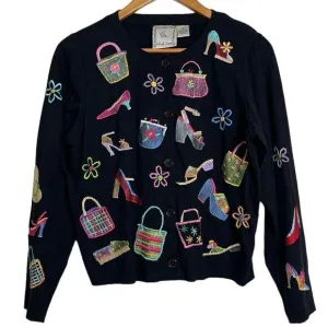 Michael Simon Lite Cotton Cardigan Embroidered Bag Shoe Shopping Theme Top Small