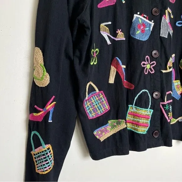 Michael Simon Lite Cotton Cardigan Embroidered Bag Shoe Shopping Theme Top Small