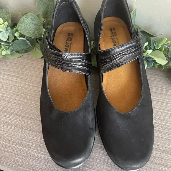 NAOT Black Nubuck Leather Mary Jane Platform Wedge Shoes Womens Size 40 EU 9.5US
