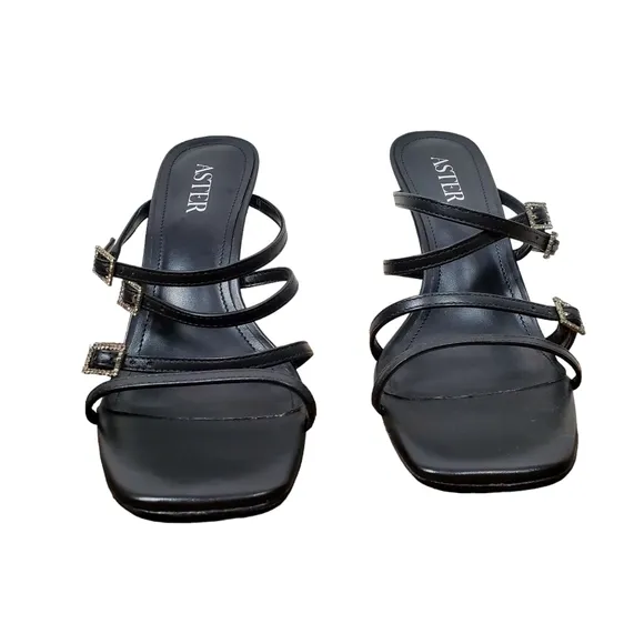 NEW Aster Capri Sandals Size 8 Black Slip On High Heel Shoes Leather Strappy