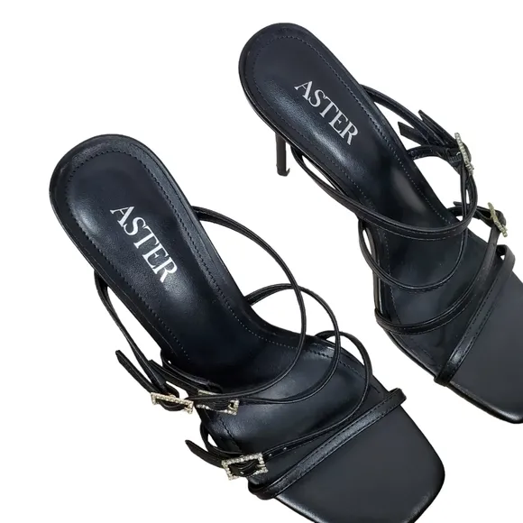 NEW Aster Capri Sandals Size 8 Black Slip On High Heel Shoes Leather Strappy