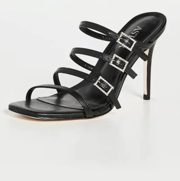 NEW Aster Capri Sandals Size 8 Black Slip On High Heel Shoes Leather Strappy