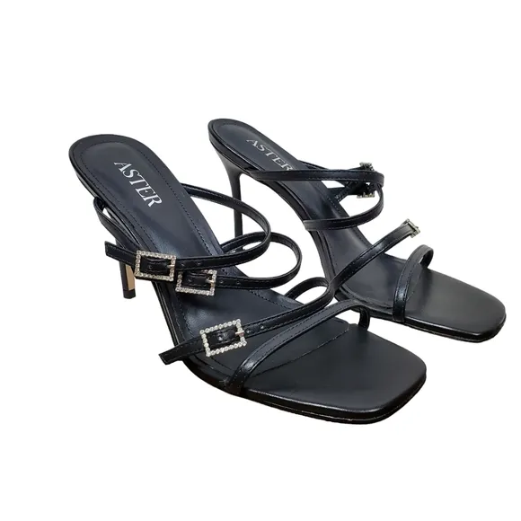 NEW Aster Capri Sandals Size 8 Black Slip On High Heel Shoes Leather Strappy