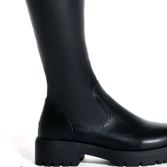 New AZALEA WANG SHOES SURGICAL Black Stretch Thigh High Black Boots Chunky Sole