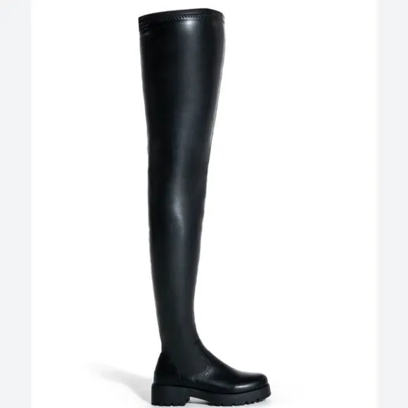 New AZALEA WANG SHOES SURGICAL Black Stretch Thigh High Black Boots Chunky Sole