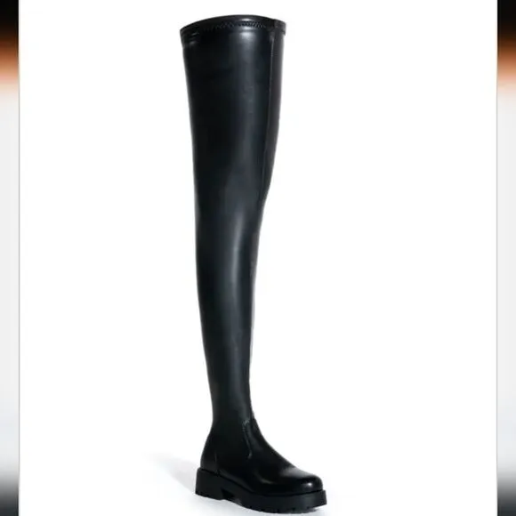 New AZALEA WANG SHOES SURGICAL Black Stretch Thigh High Black Boots Chunky Sole