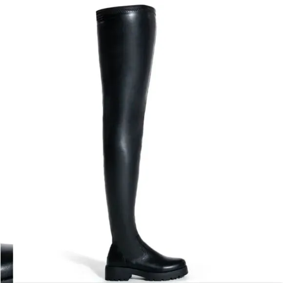 New AZALEA WANG SHOES SURGICAL Black Stretch Thigh High Black Boots Chunky Sole