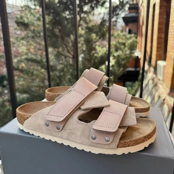 New Birkenstock Uji Nubuck Suede Leather Slide Sandals in Suede Taupe Tan