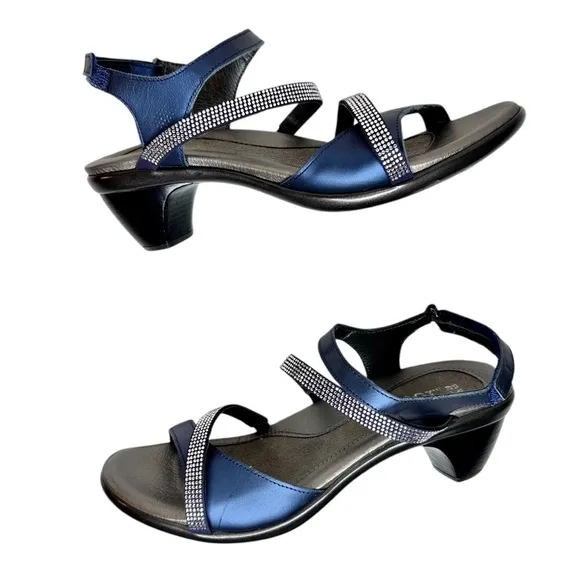 NEW NAOT Innovate Leather Rhinestone Detail Block Heel Dress Sandals Blue SZ 9
